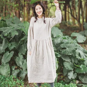 Puff linen Dress Summer Casual Midi Women Linen Dresses Pleated Dress ZF98409