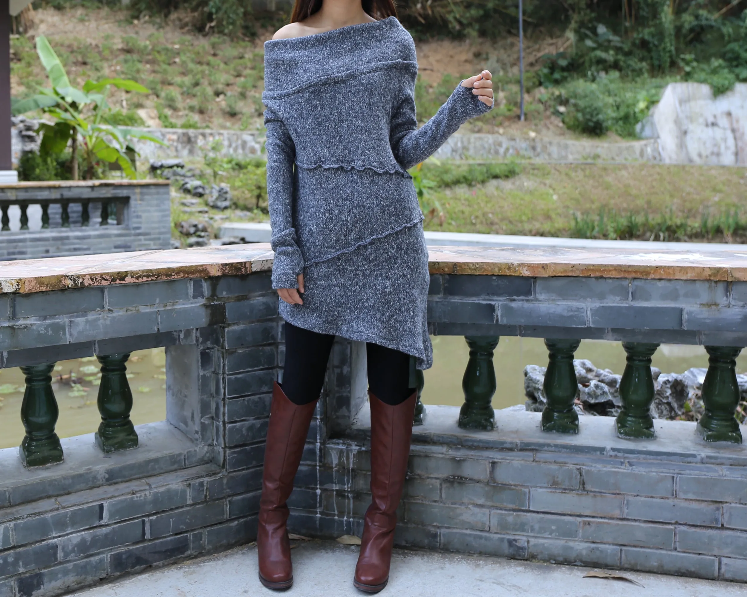 Pullover sweater, off shoulder sweaters, Cowl neck sweater, tunic dress, oversized sweaters with thumb holes, long sweaters (Y1112)