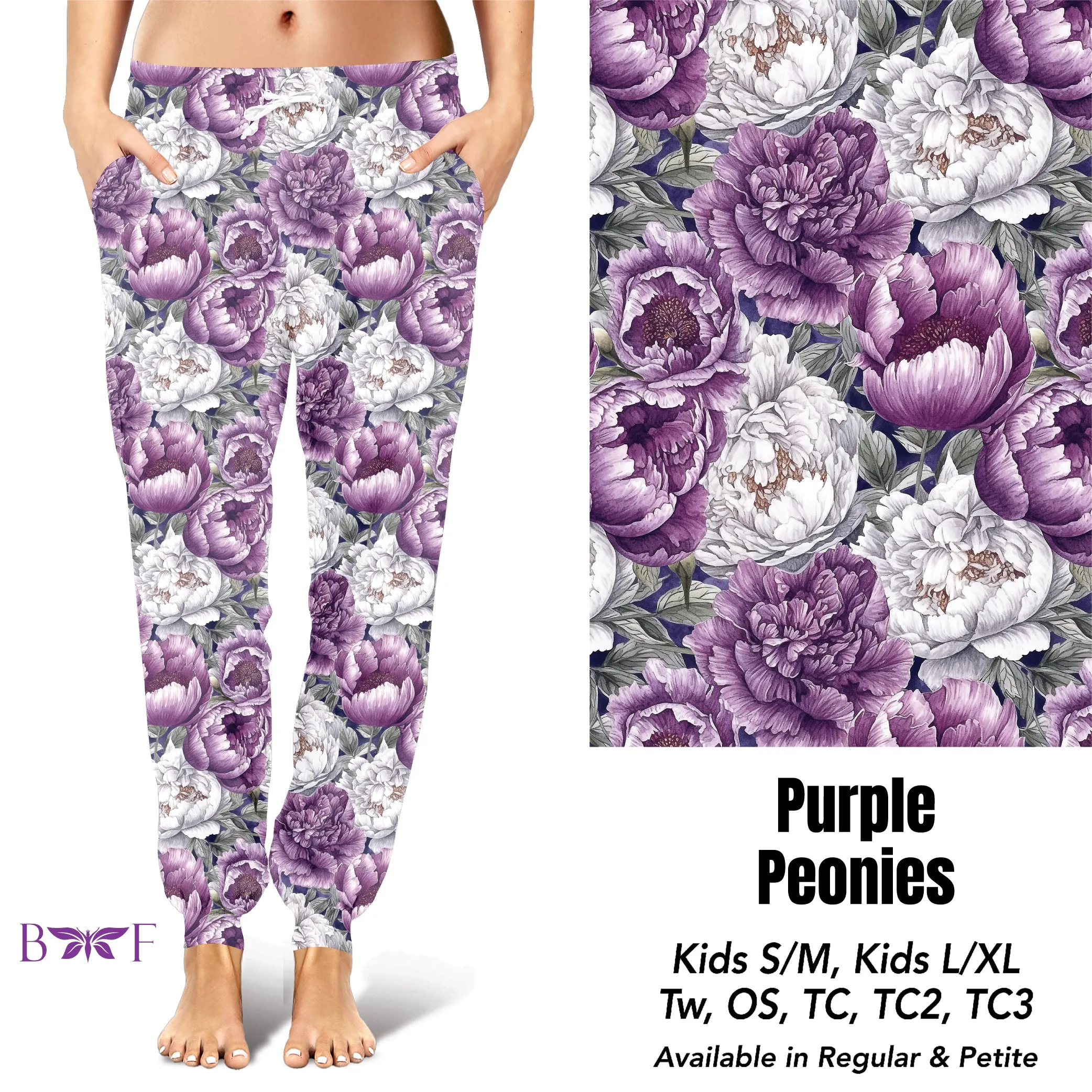 Purple Peonies capris and skorts with pockets