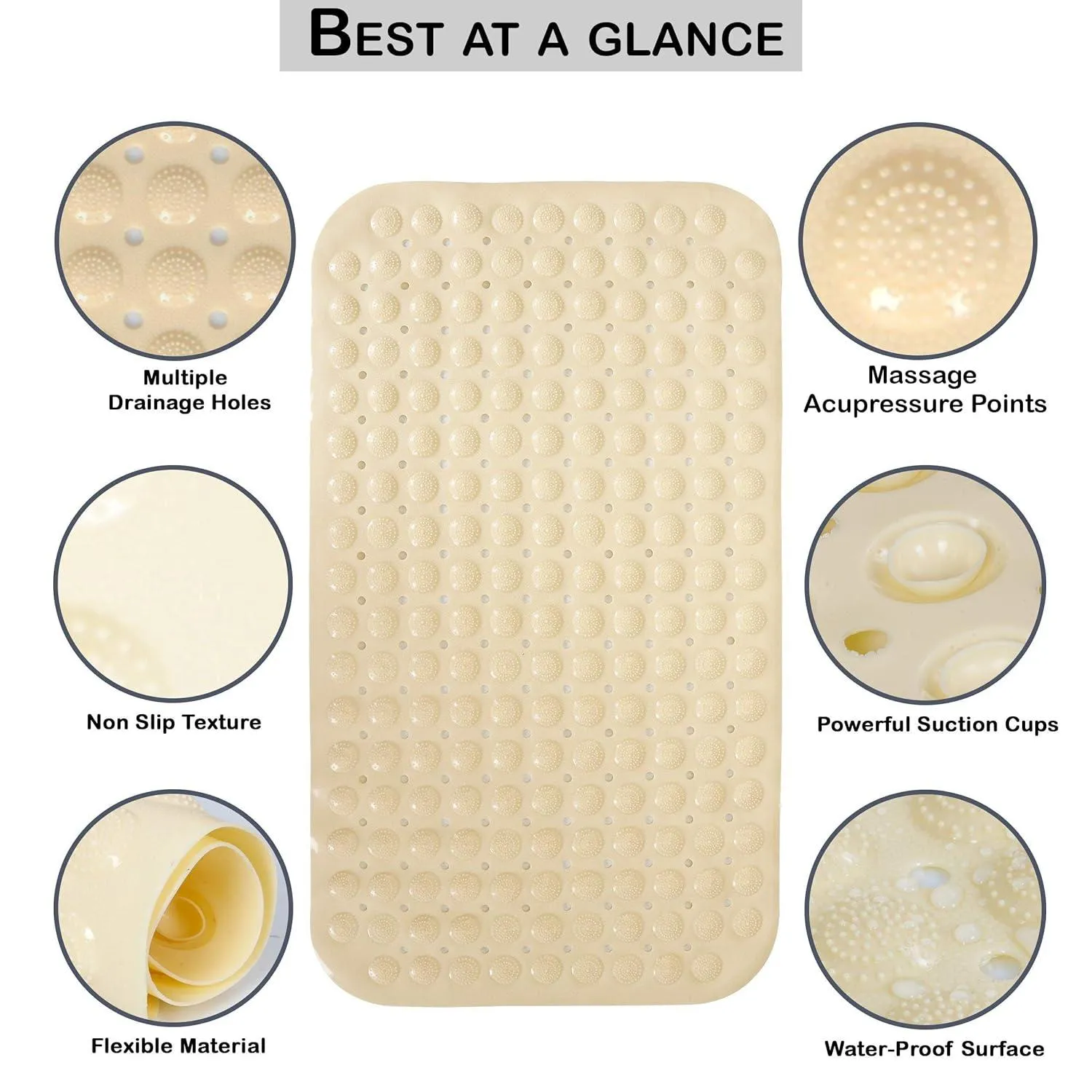 PVC Shower Mat Anti-Slip with Massage Acupressure Points, 46x78 cm, Beige