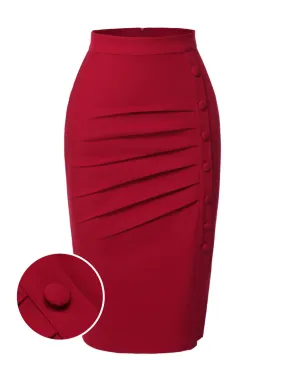 Red 1940s Pleated Button Pencil Skirt