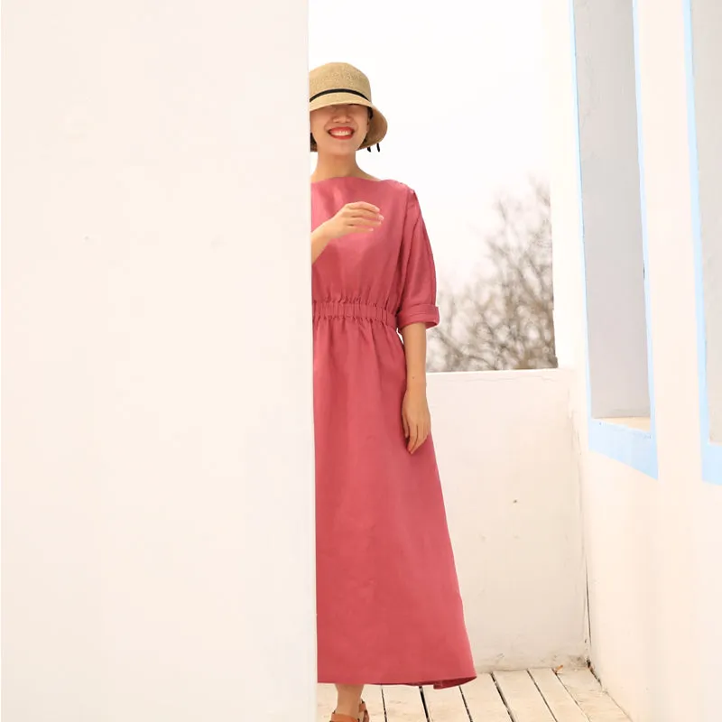 Red Linen Short Sleeve Dress Summer Midi Beam Waist Women Dresses Z97297