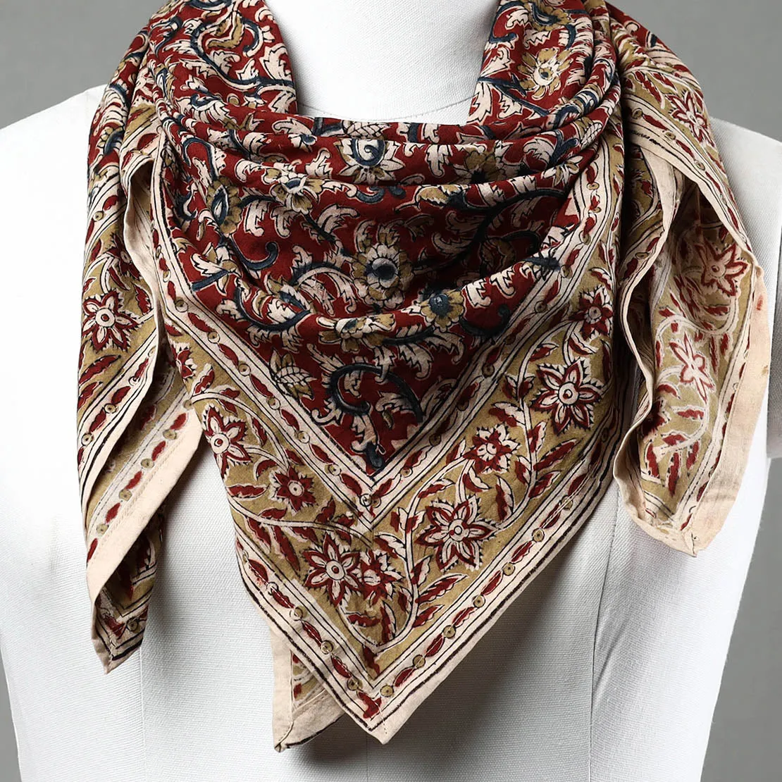 Red - Pedana Kalamkari Block Printed Natural Dyed Cotton Scarf 80