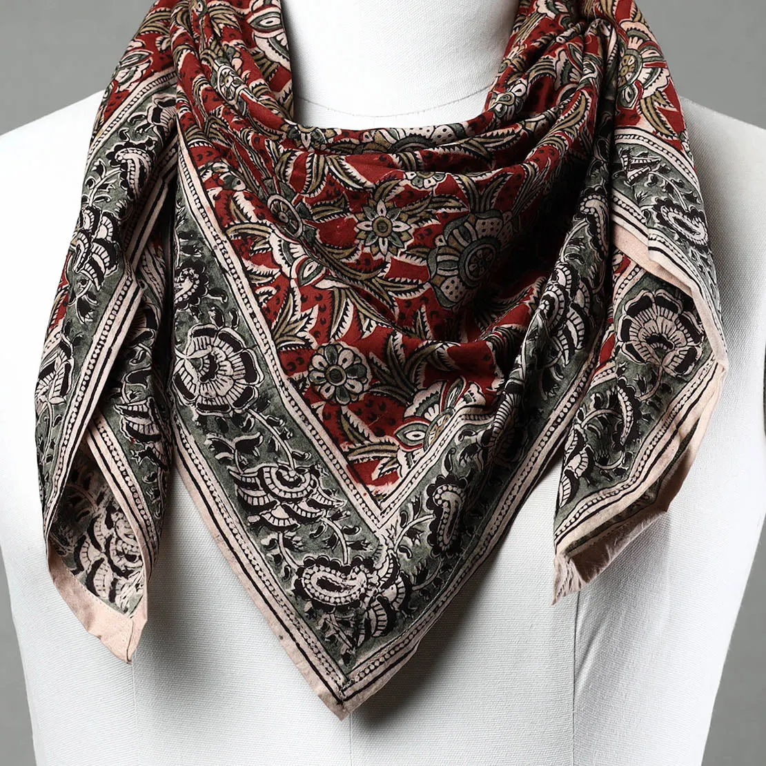 Red - Pedana Kalamkari Block Printed Natural Dyed Cotton Scarf 97