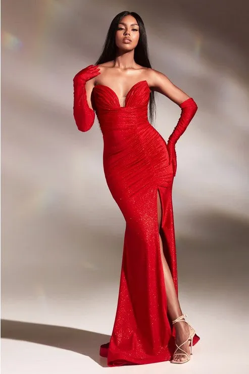 Red Strapless Glitter Stretch Gown With Gloves