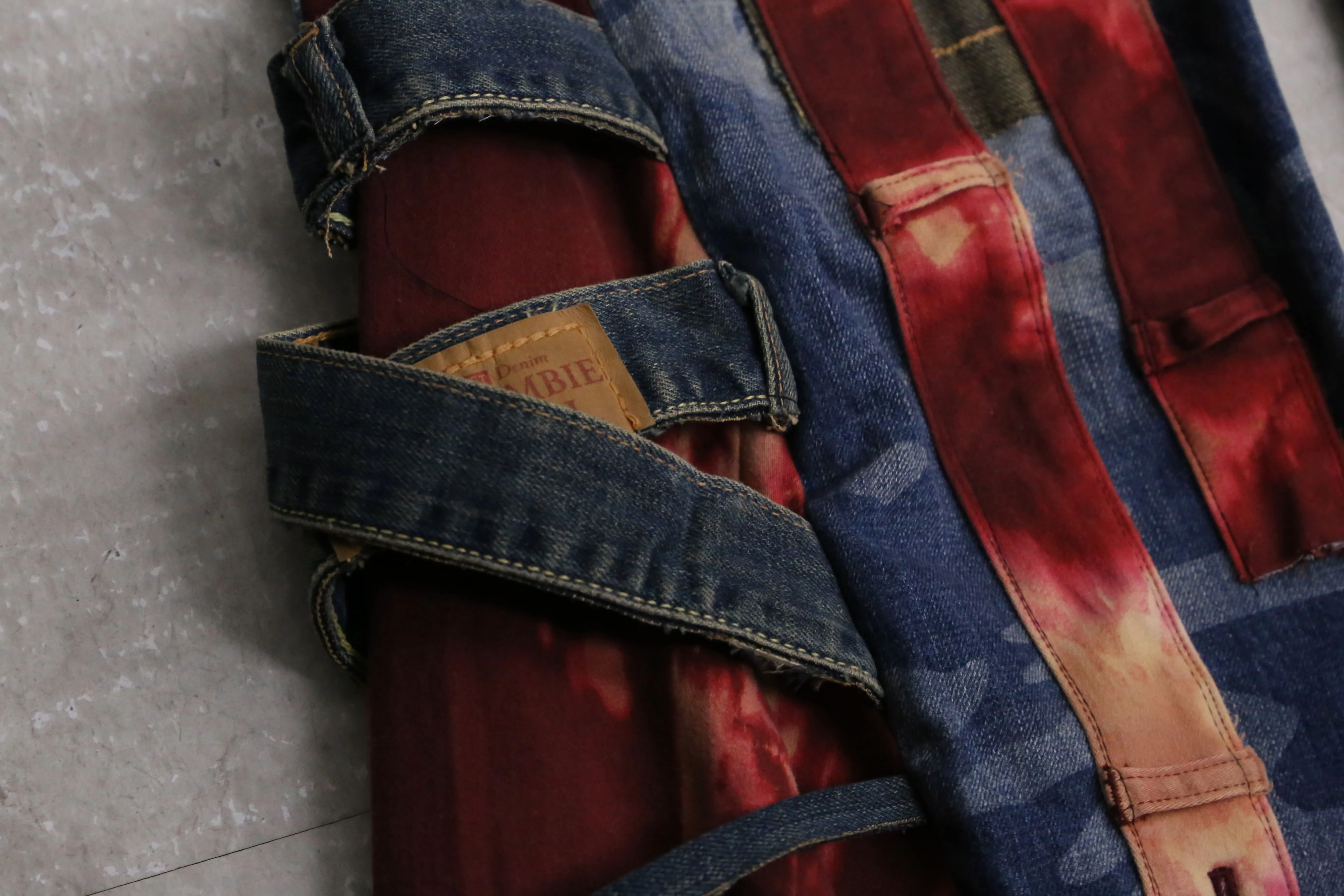 remake "再構築" red color docking flare denim pants