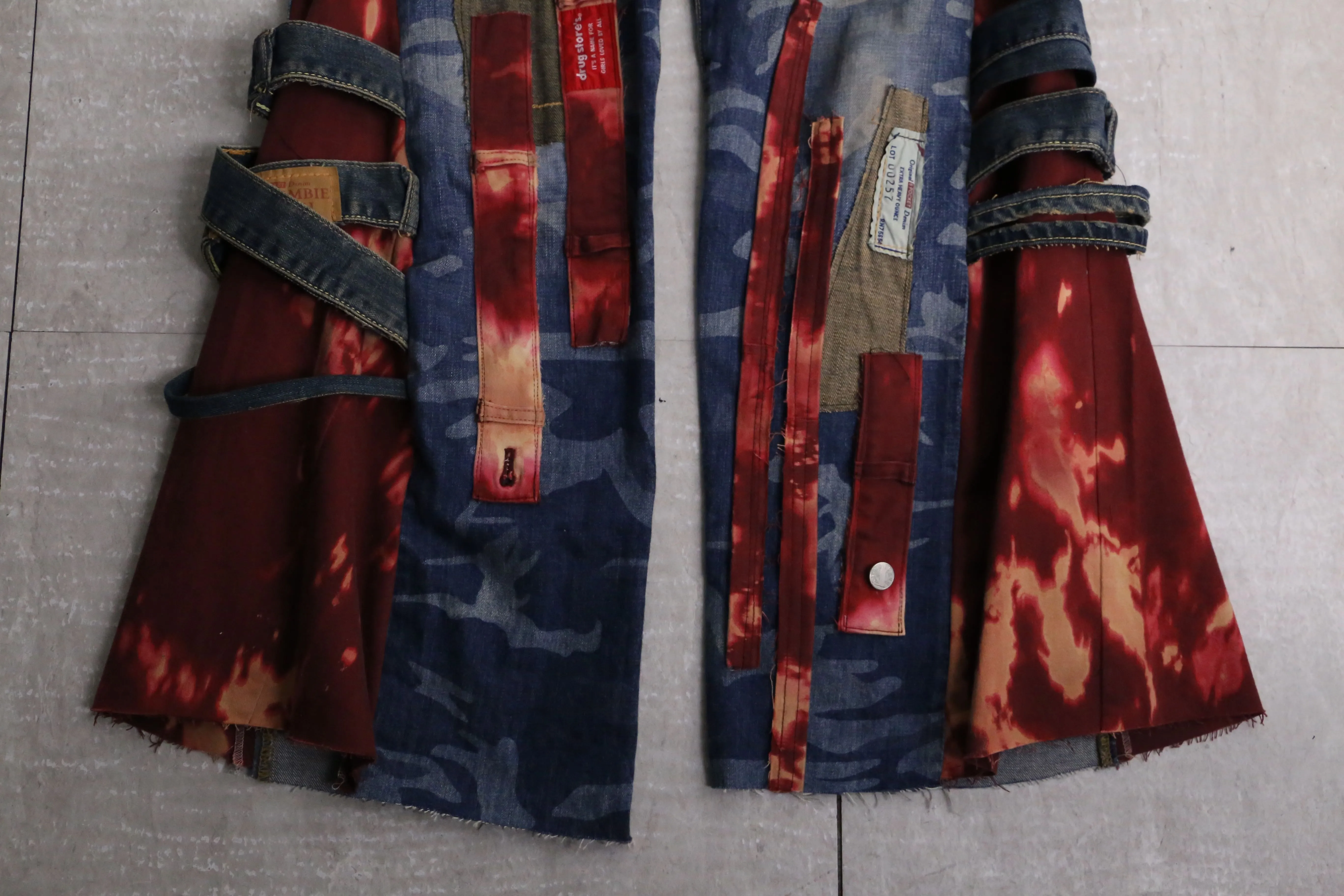 remake "再構築" red color docking flare denim pants