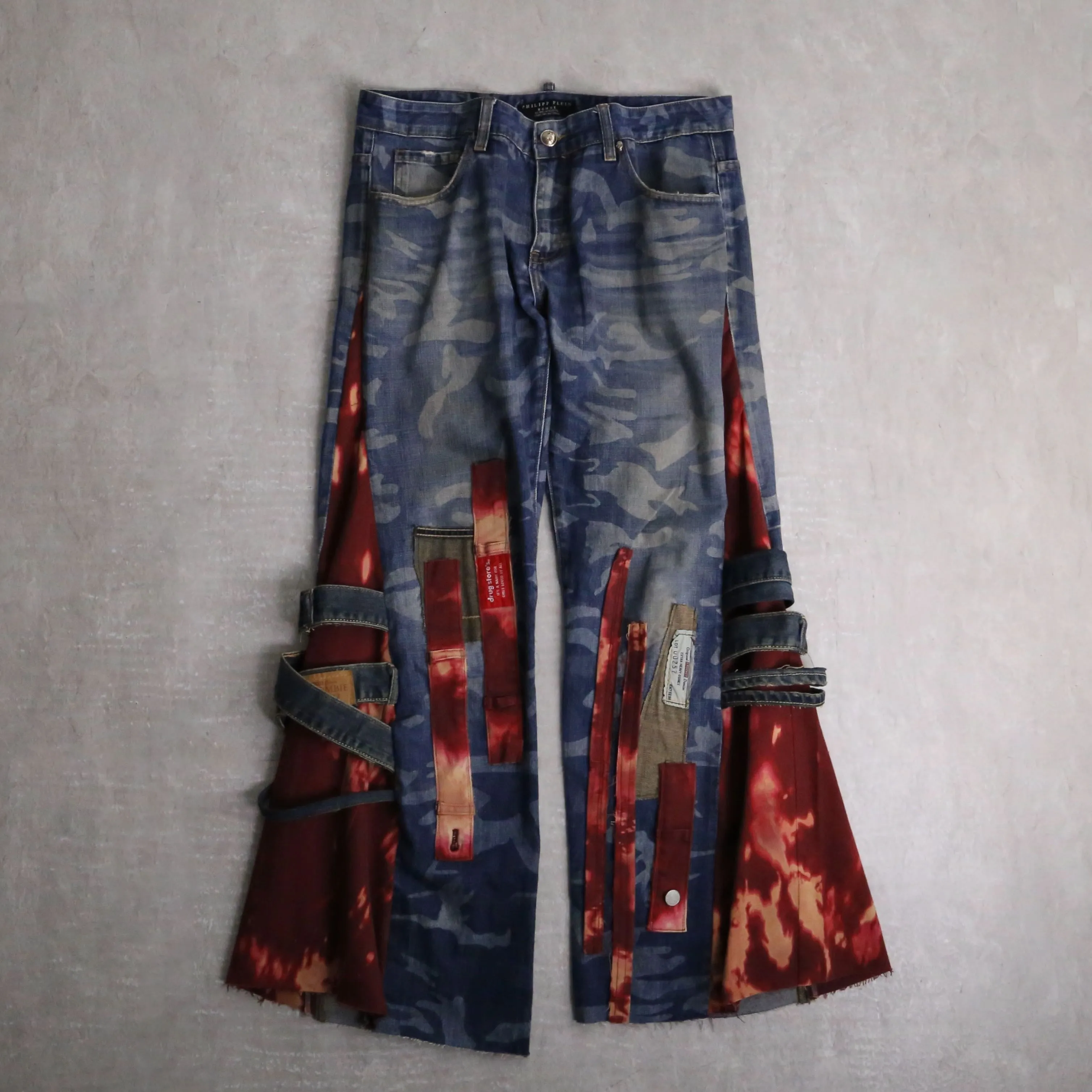 remake "再構築" red color docking flare denim pants