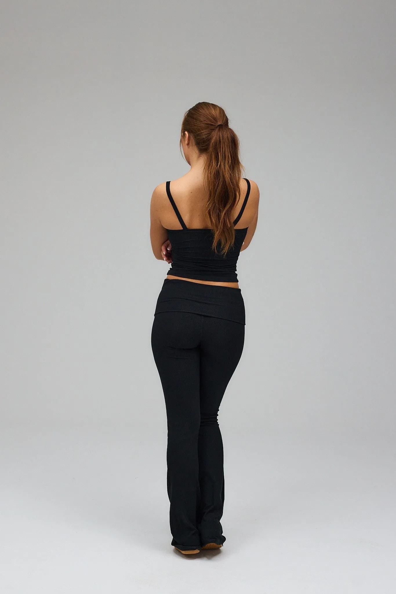 Rib Fold Over Pants - Black