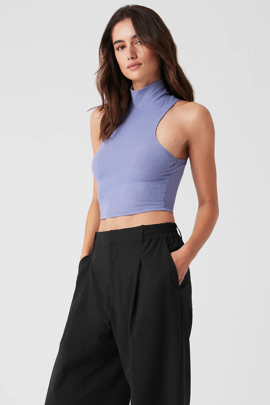 Ribbed Sea Coast Cropped Turtleneck Tank - Lilac Blue