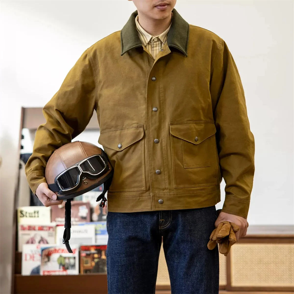 Rugged Waxed Canvas Work Jacket - Men's Short Type Outerwear