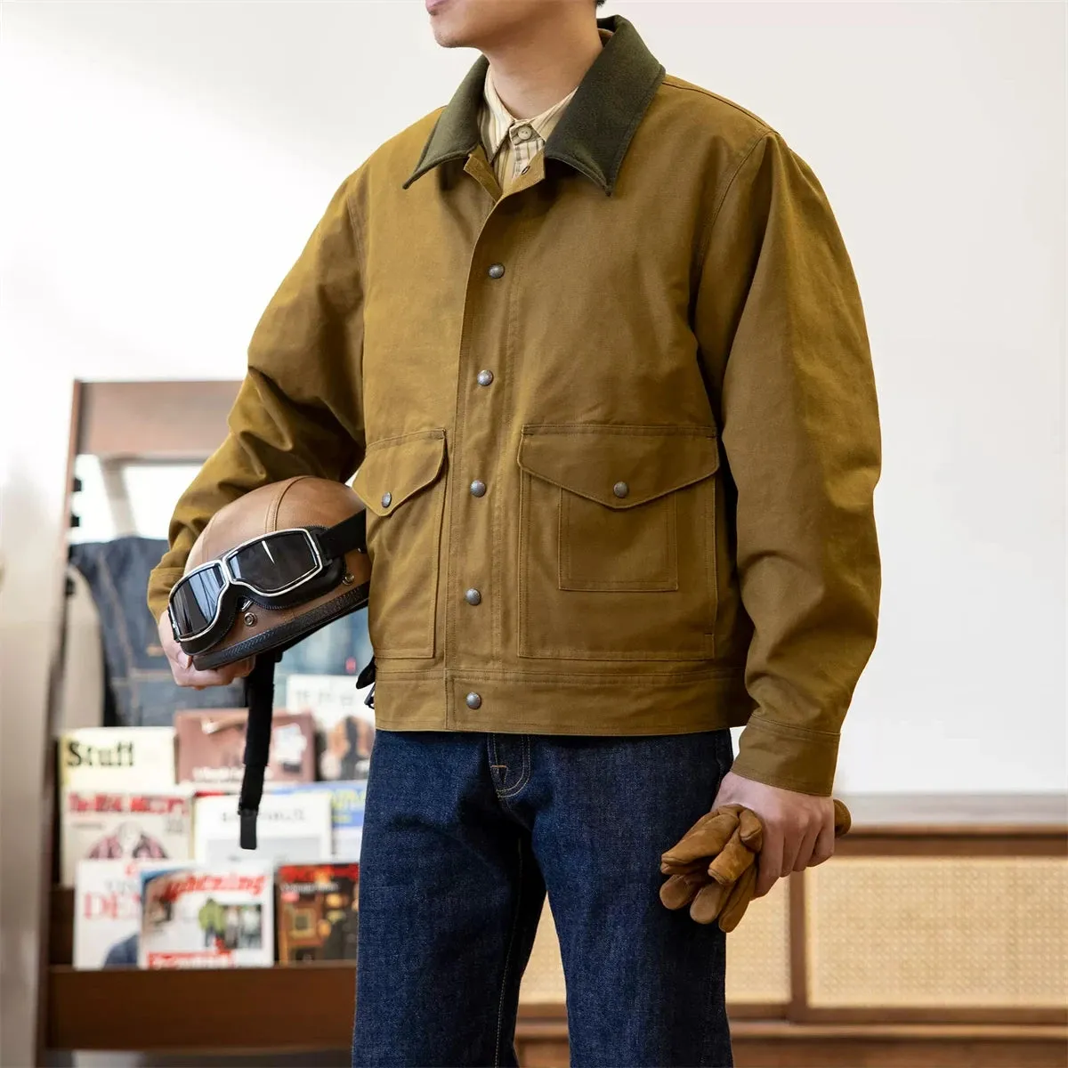 Rugged Waxed Canvas Work Jacket - Men's Short Type Outerwear