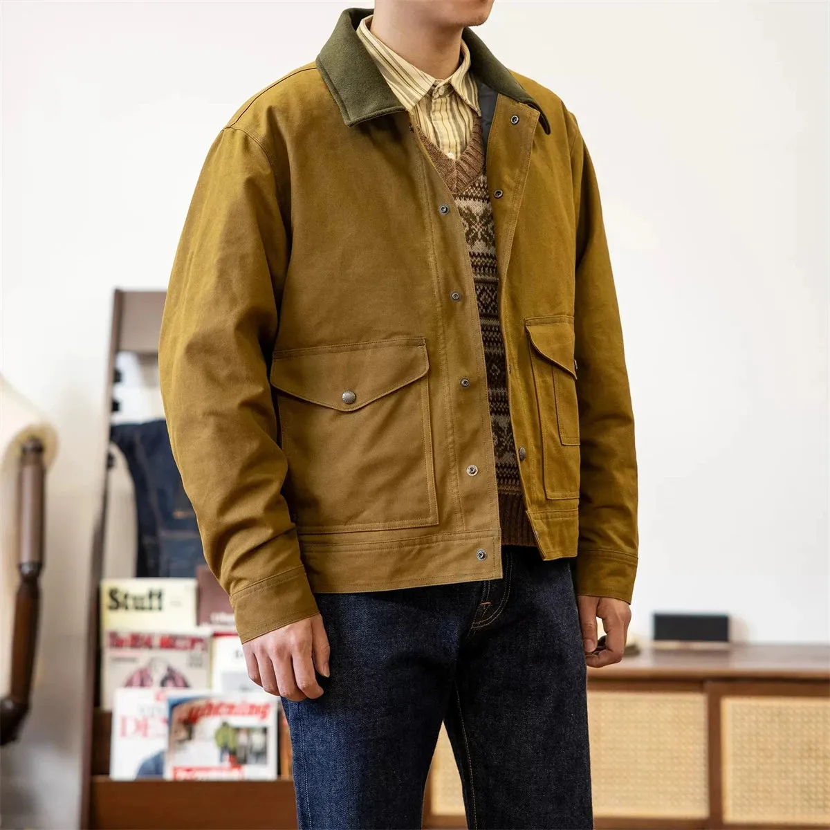 Rugged Waxed Canvas Work Jacket - Men's Short Type Outerwear