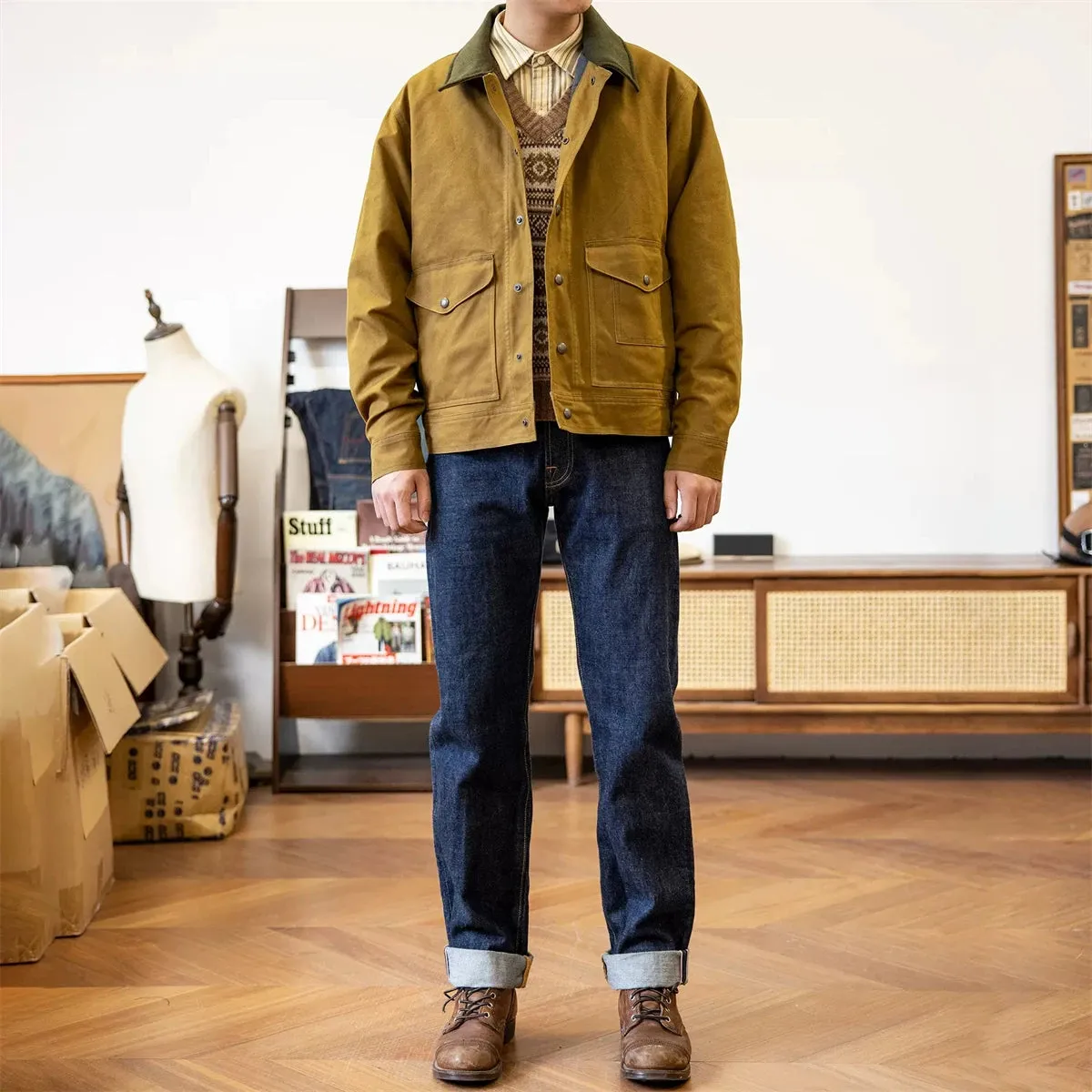 Rugged Waxed Canvas Work Jacket - Men's Short Type Outerwear