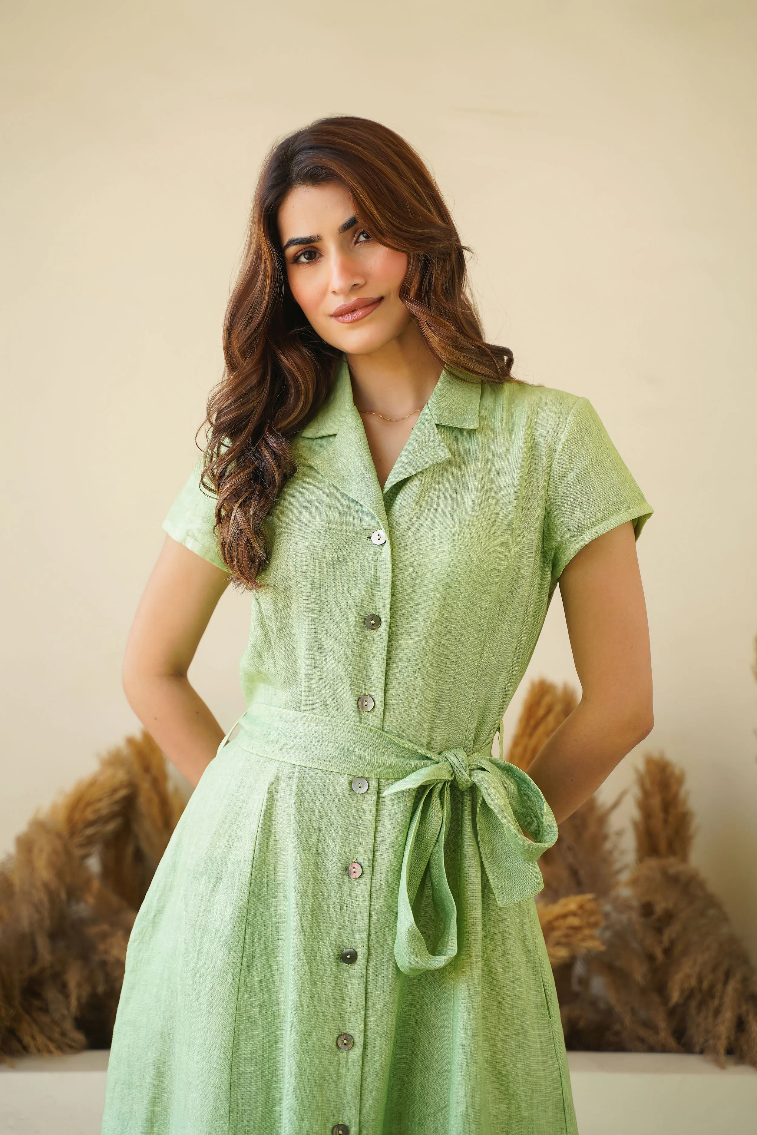 Sage Green Linen Button-Down Dress with Lapel Collars, Cap Sleeves & Tie Belt | Fit and Flare Dress