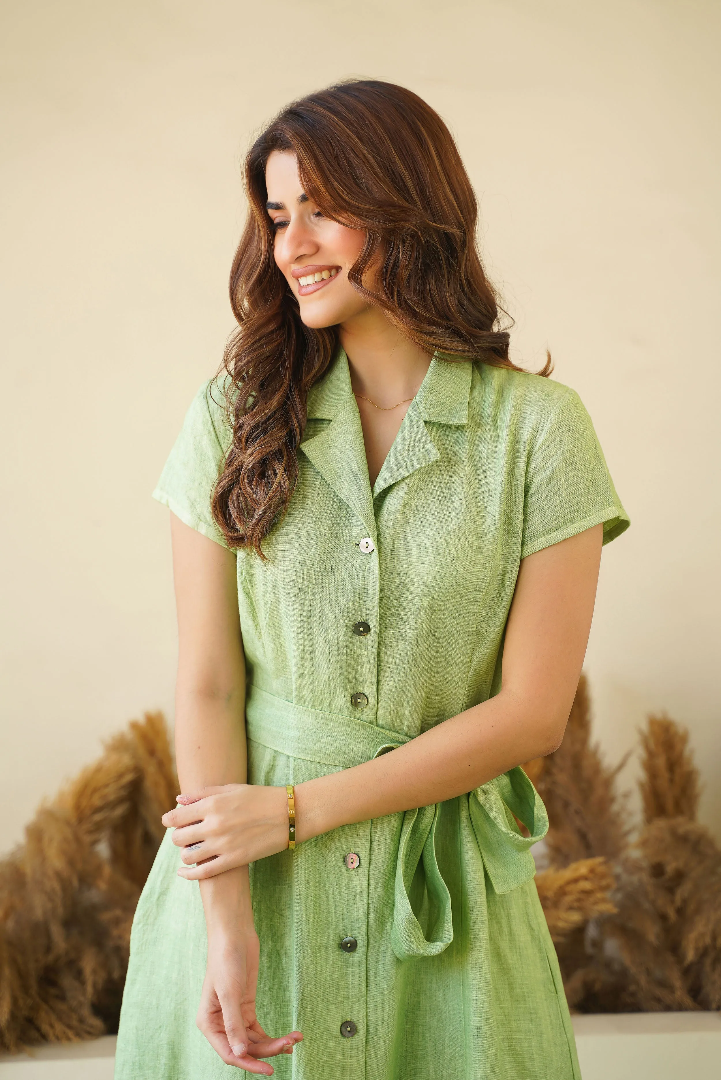 Sage Green Linen Button-Down Dress with Lapel Collars, Cap Sleeves & Tie Belt | Fit and Flare Dress