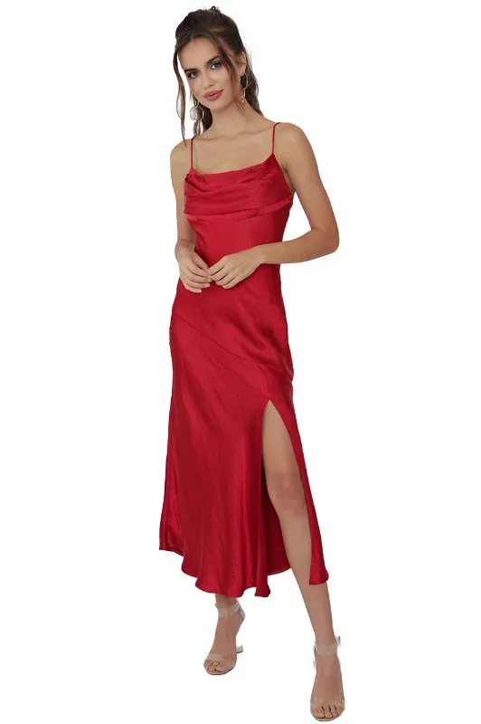 Satin Side Slit Midi Dress