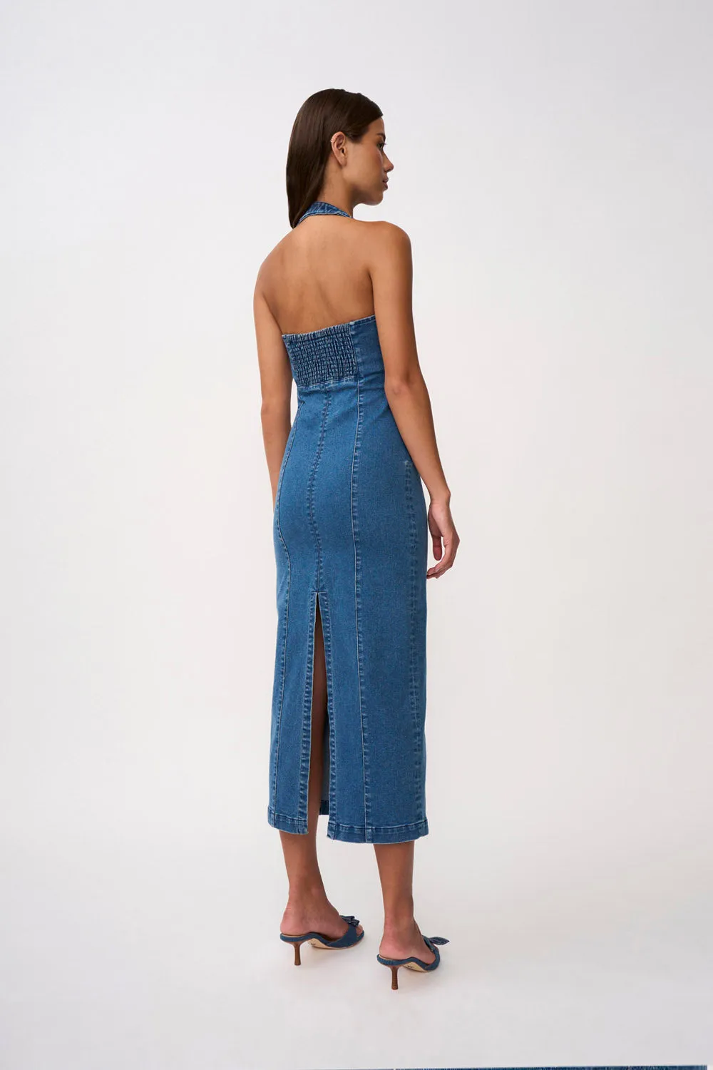 Savannah Denim Halter Midi Dress- Blue Denim