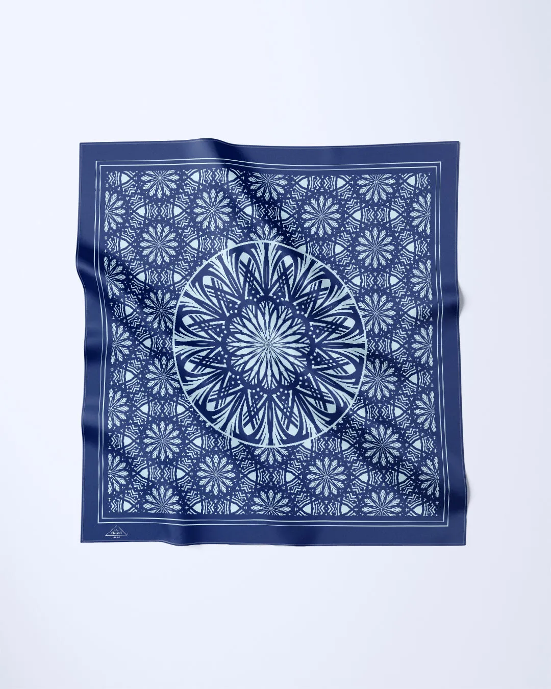 SERENITY Mandala Designer 100% Silk Scarf in NAVY LIGHT BLUE