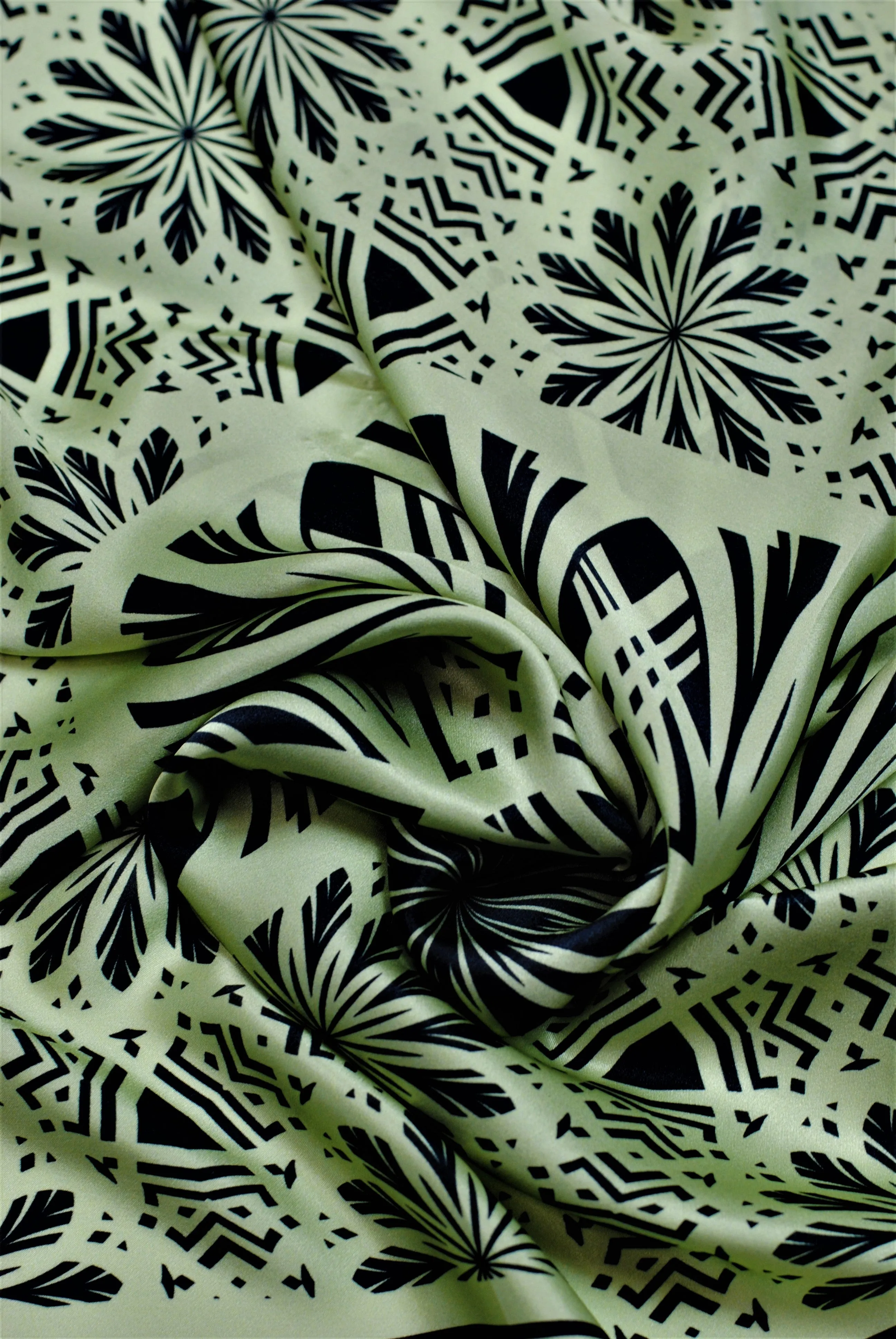 SERENITY Mandala Designer 100% Silk Scarf in Sage Green Black