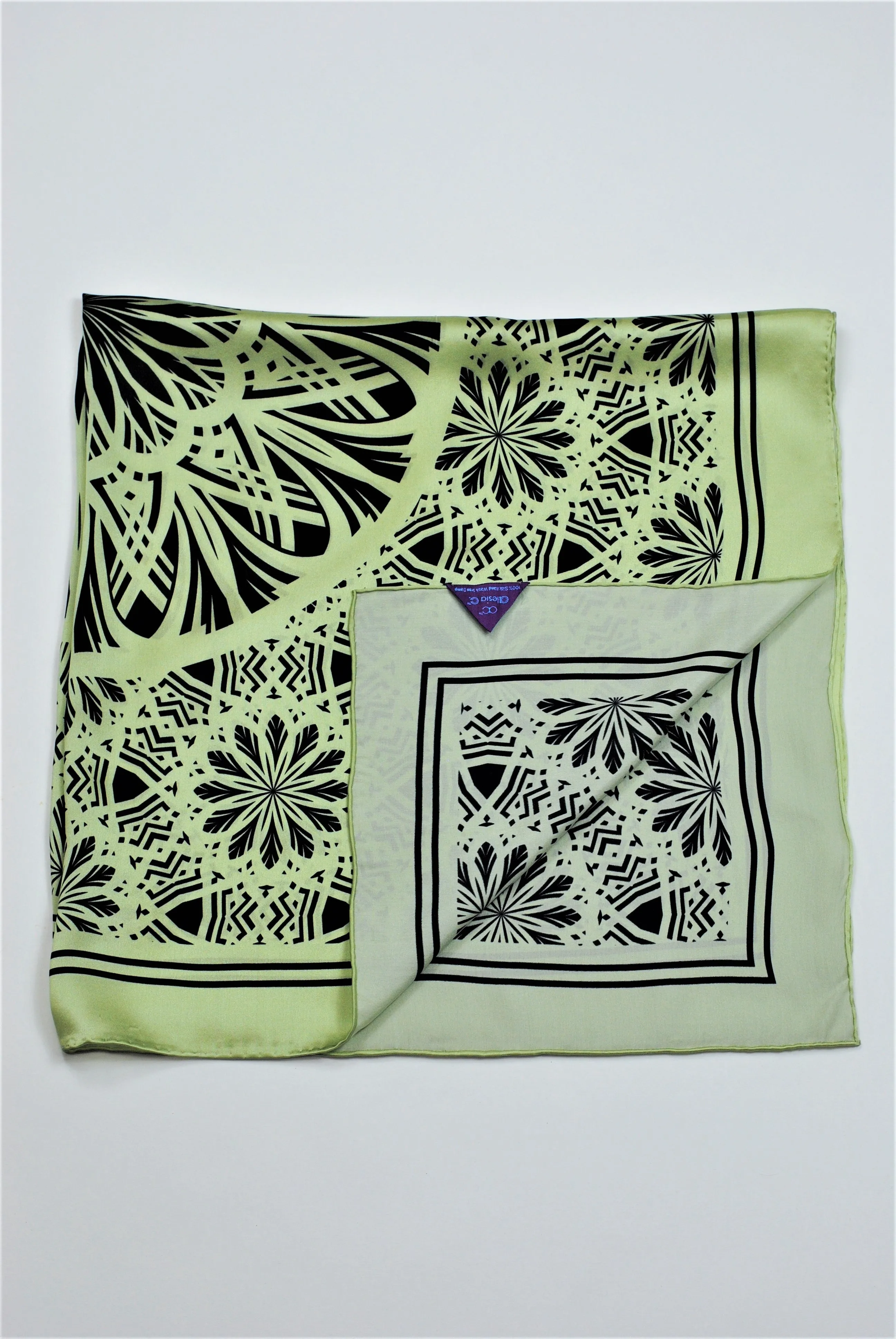 SERENITY Mandala Designer 100% Silk Scarf in Sage Green Black