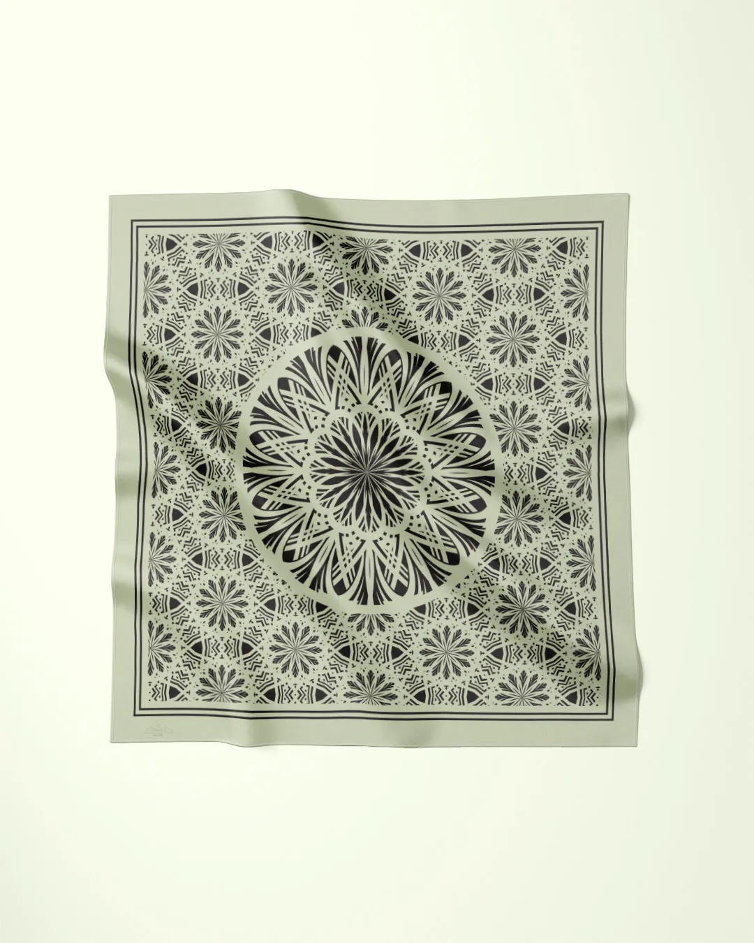 SERENITY Mandala Designer 100% Silk Scarf in Sage Green Black