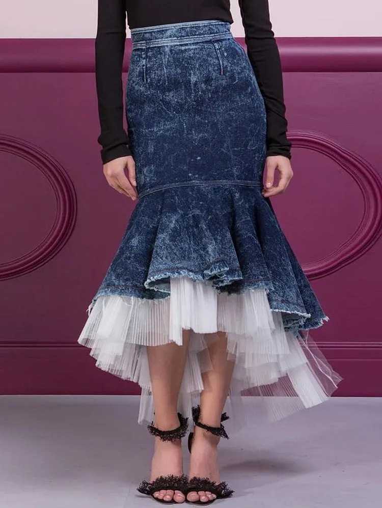 Sexy Dark Denim & Lace Mermaid Midi Skirt