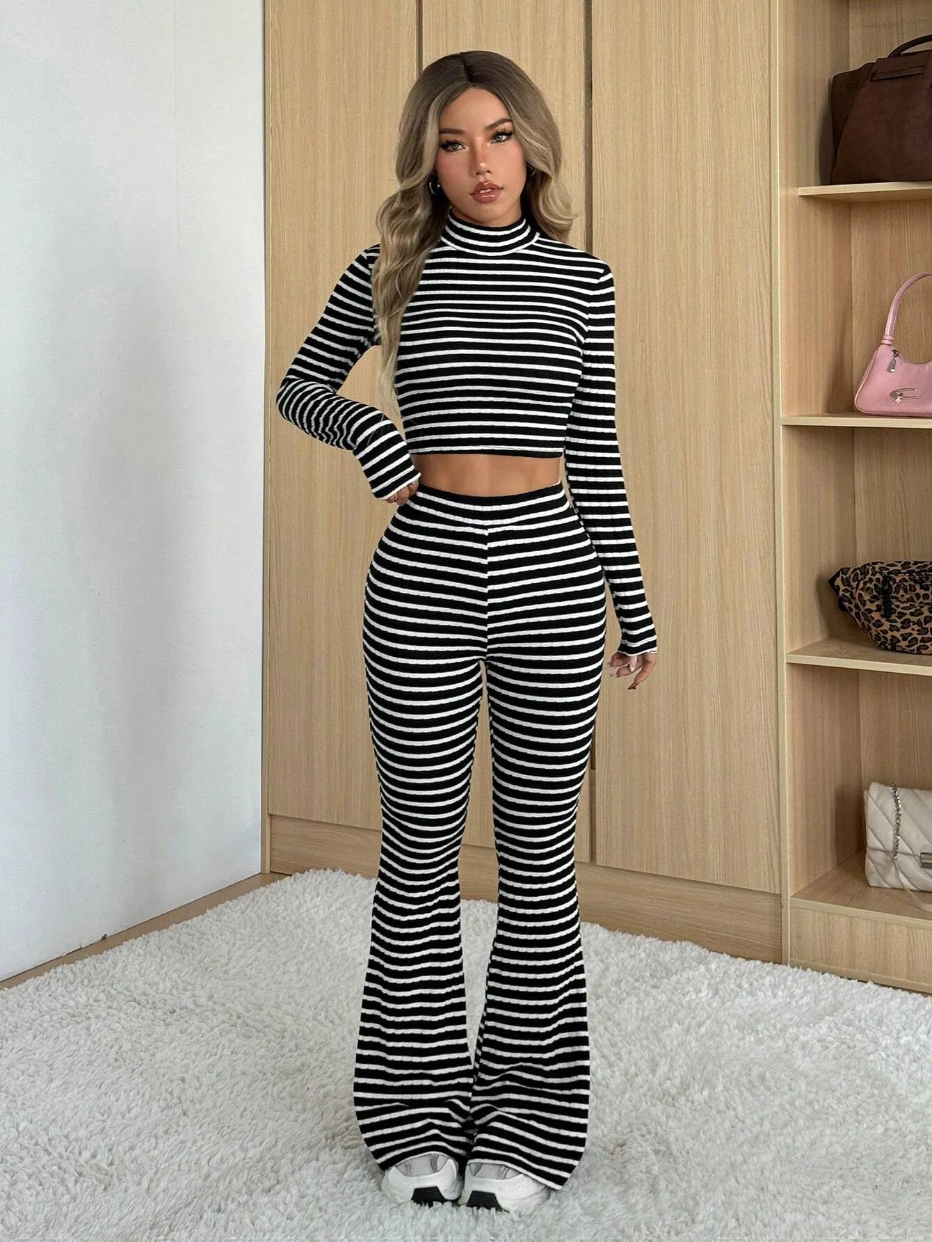 SHEIN EZwear Black & White Striped Long Sleeve Turtleneck Top And Flared Pants Set