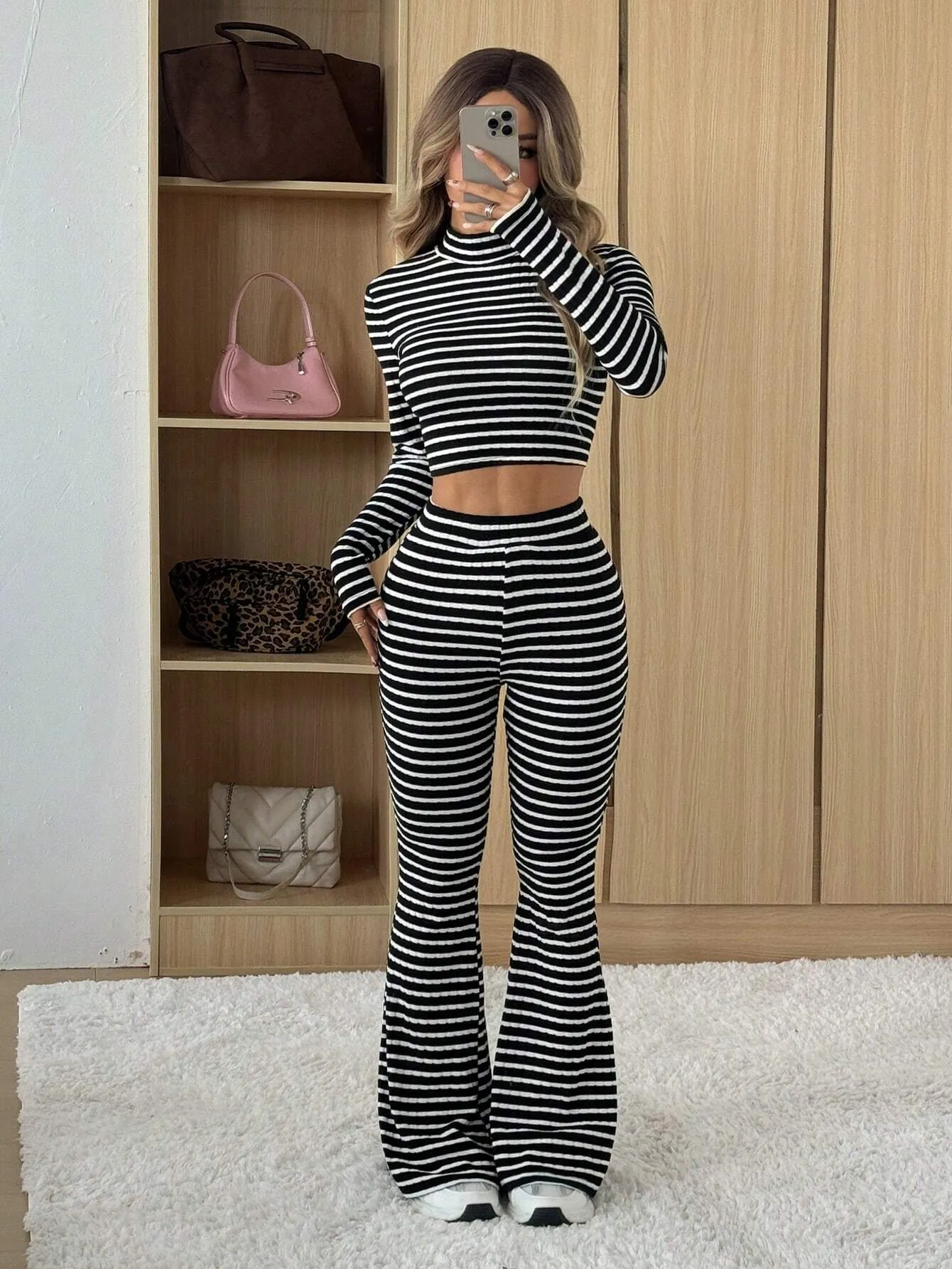 SHEIN EZwear Black & White Striped Long Sleeve Turtleneck Top And Flared Pants Set