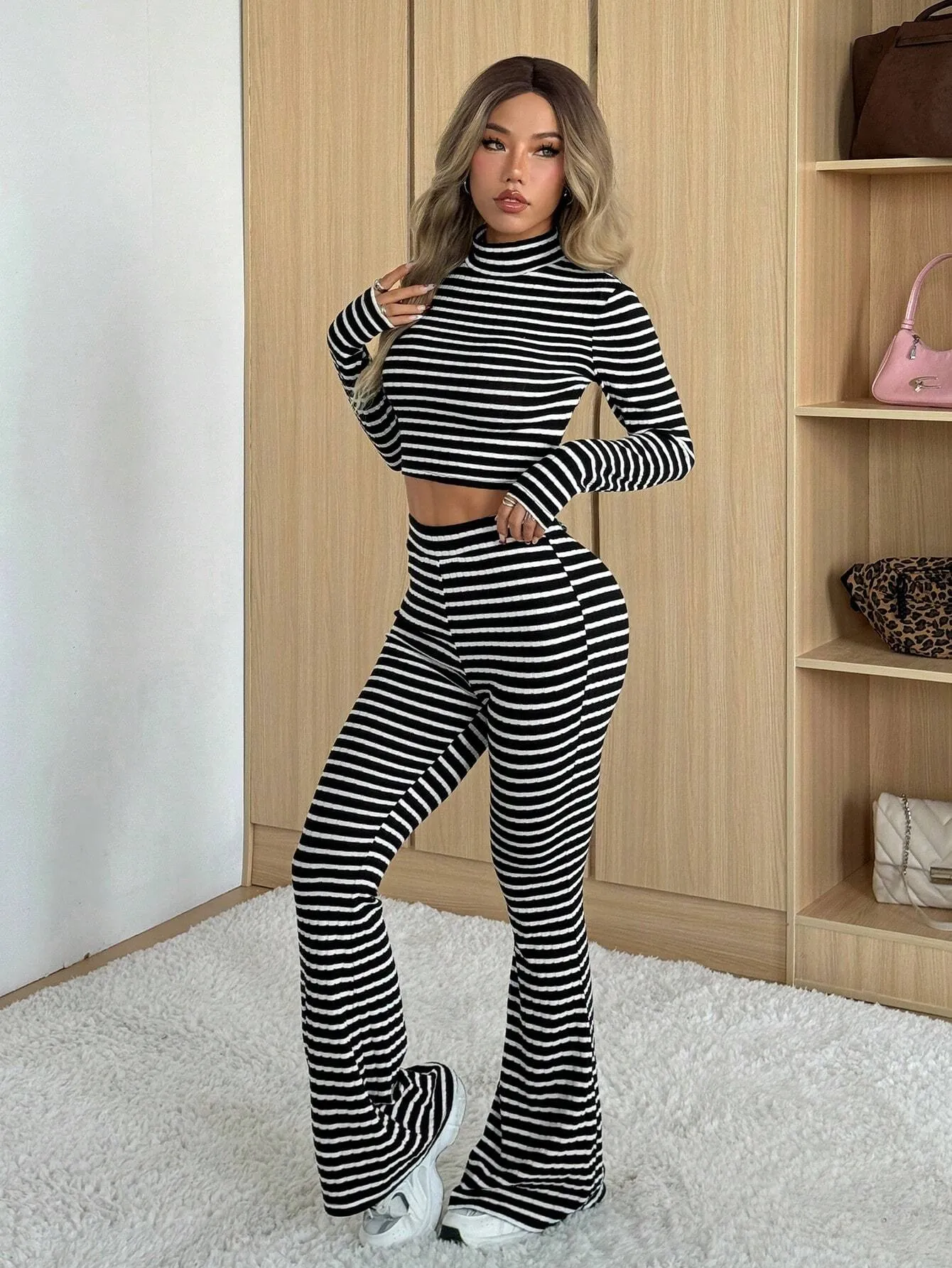 SHEIN EZwear Black & White Striped Long Sleeve Turtleneck Top And Flared Pants Set