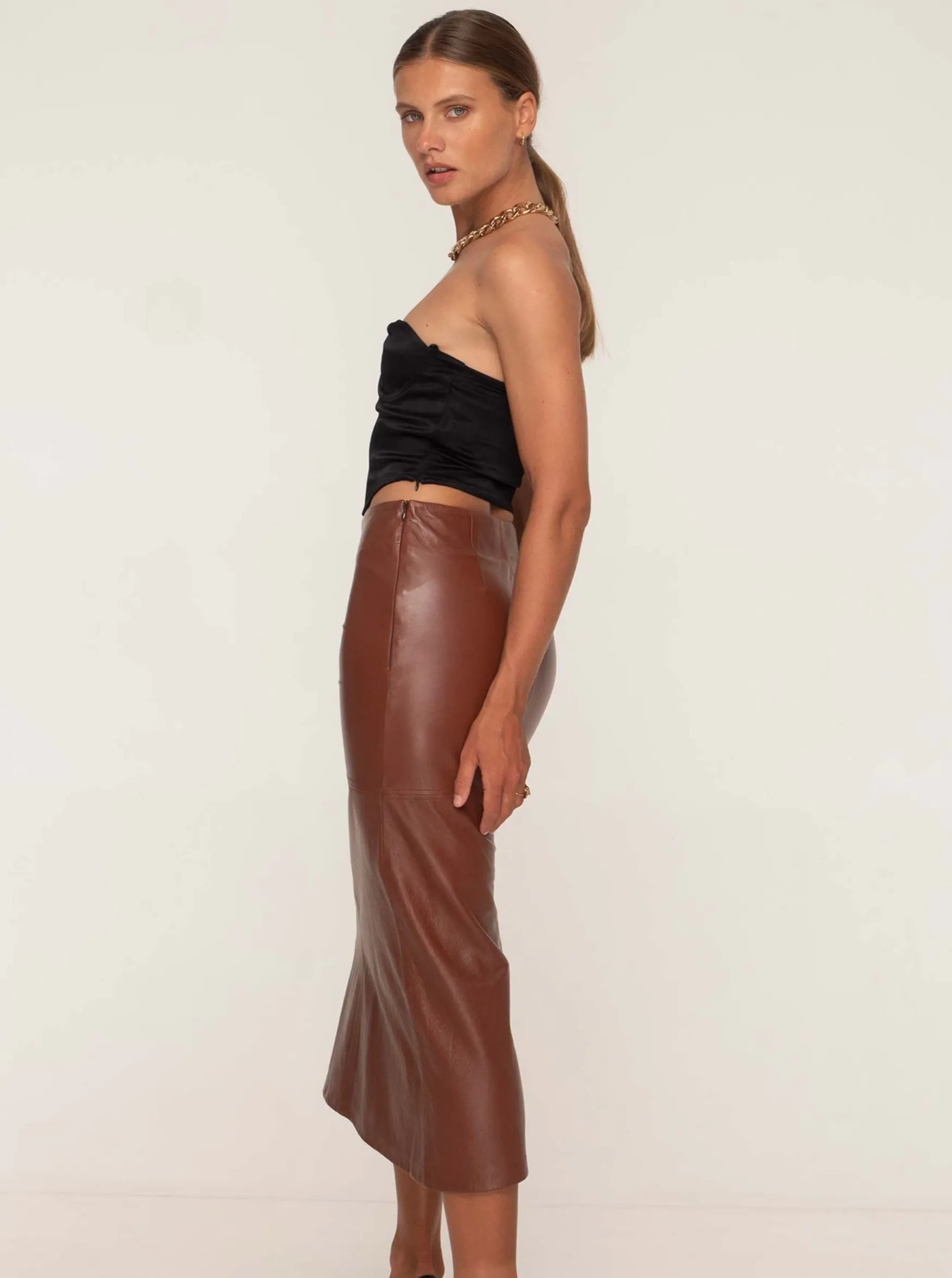 SIENNA LEATHER MAXI SKIRT - WHISKEY