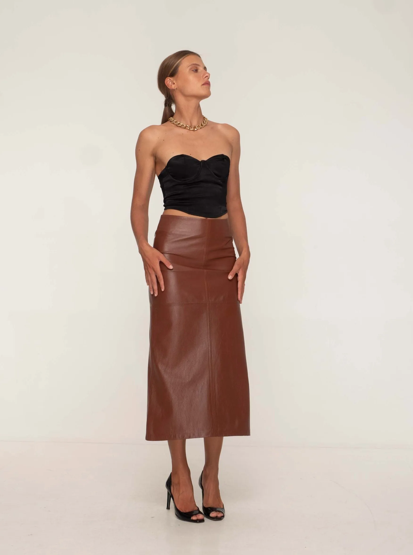 SIENNA LEATHER MAXI SKIRT - WHISKEY