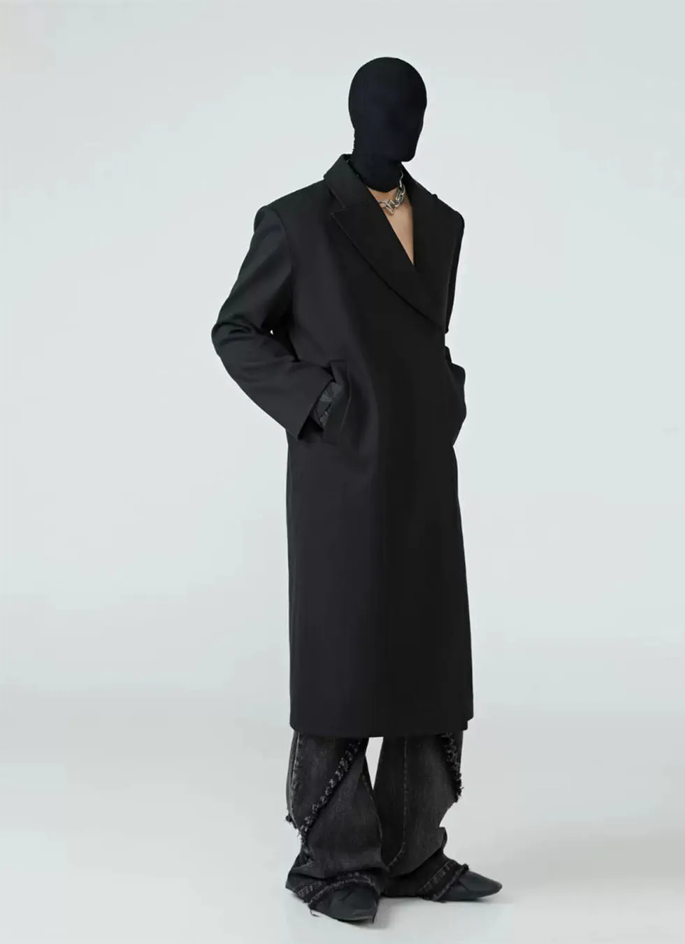 Slant collar mid-length wool coat