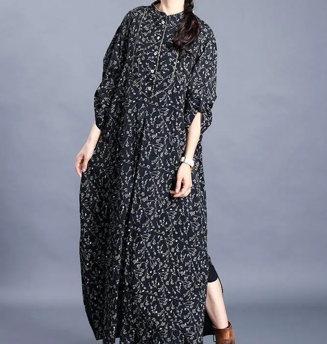 Slit Large Hem Floral Linen Cotton Women Maxi Dresses  LVSG200122