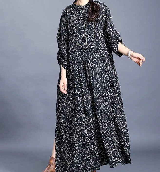 Slit Large Hem Floral Linen Cotton Women Maxi Dresses  LVSG200122