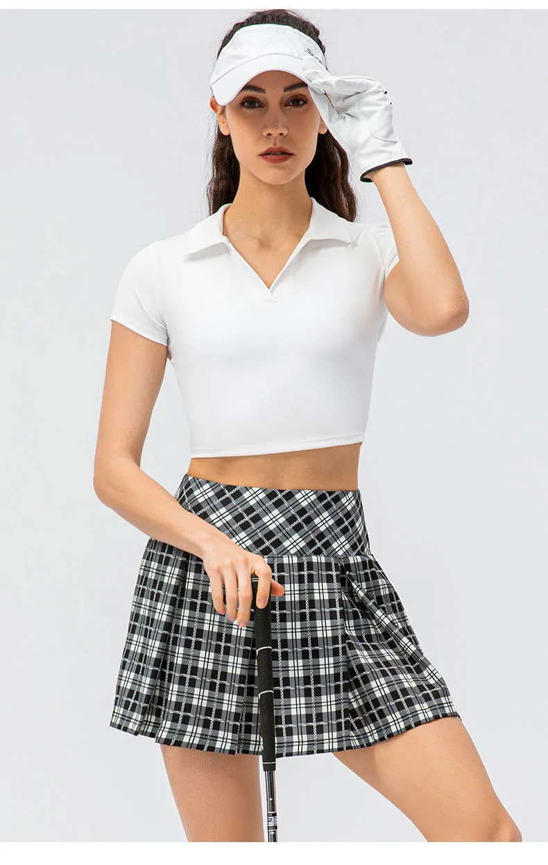 Spring Summer Plaid Exercise Skirt Outdoor Running Tennis Culottes Faux Two-Piece Yoga Culottes Pleated Skirt