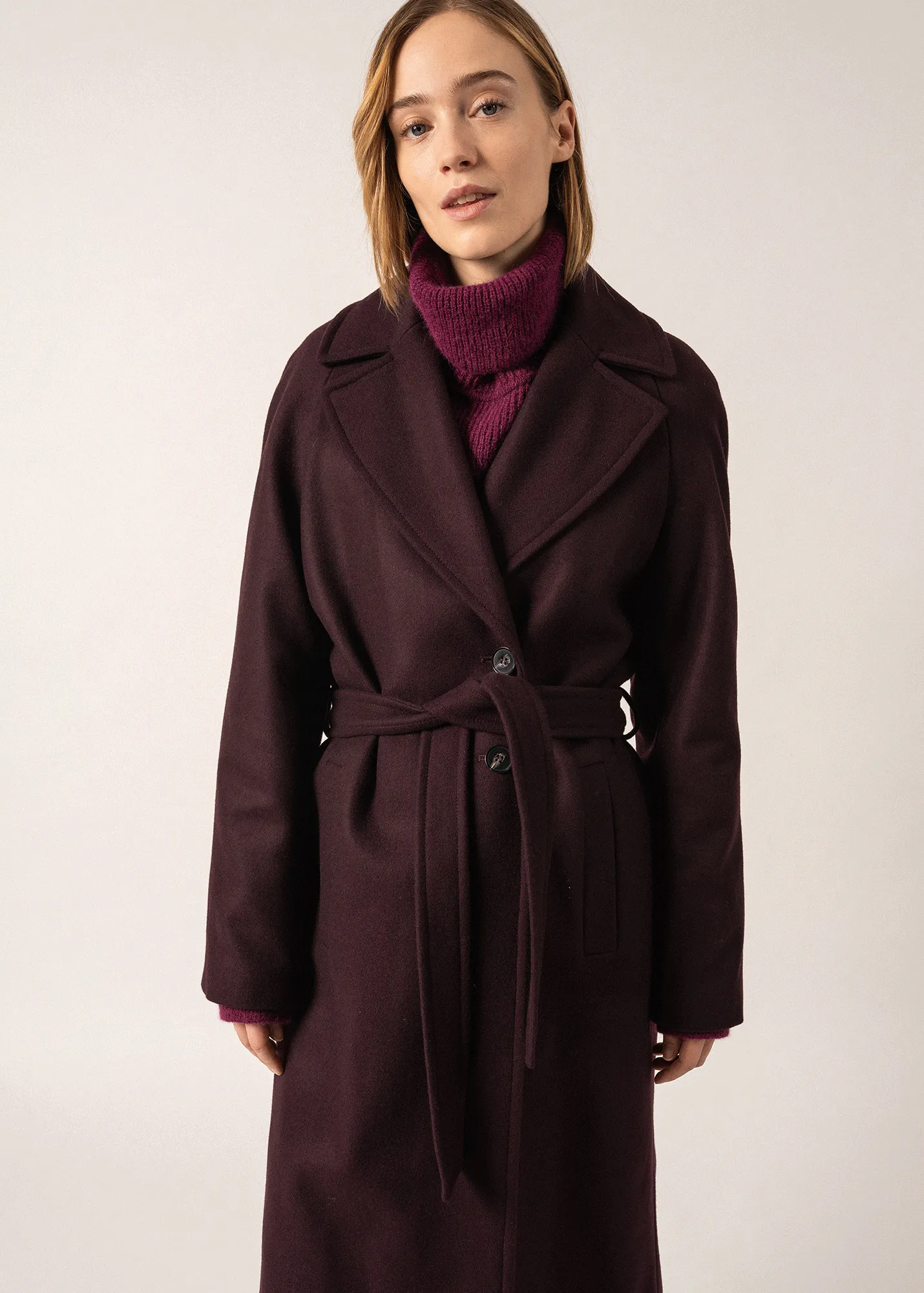 ST ENORA - Tailored Wool Blend Belted Coat for Women (DARK PLUM )