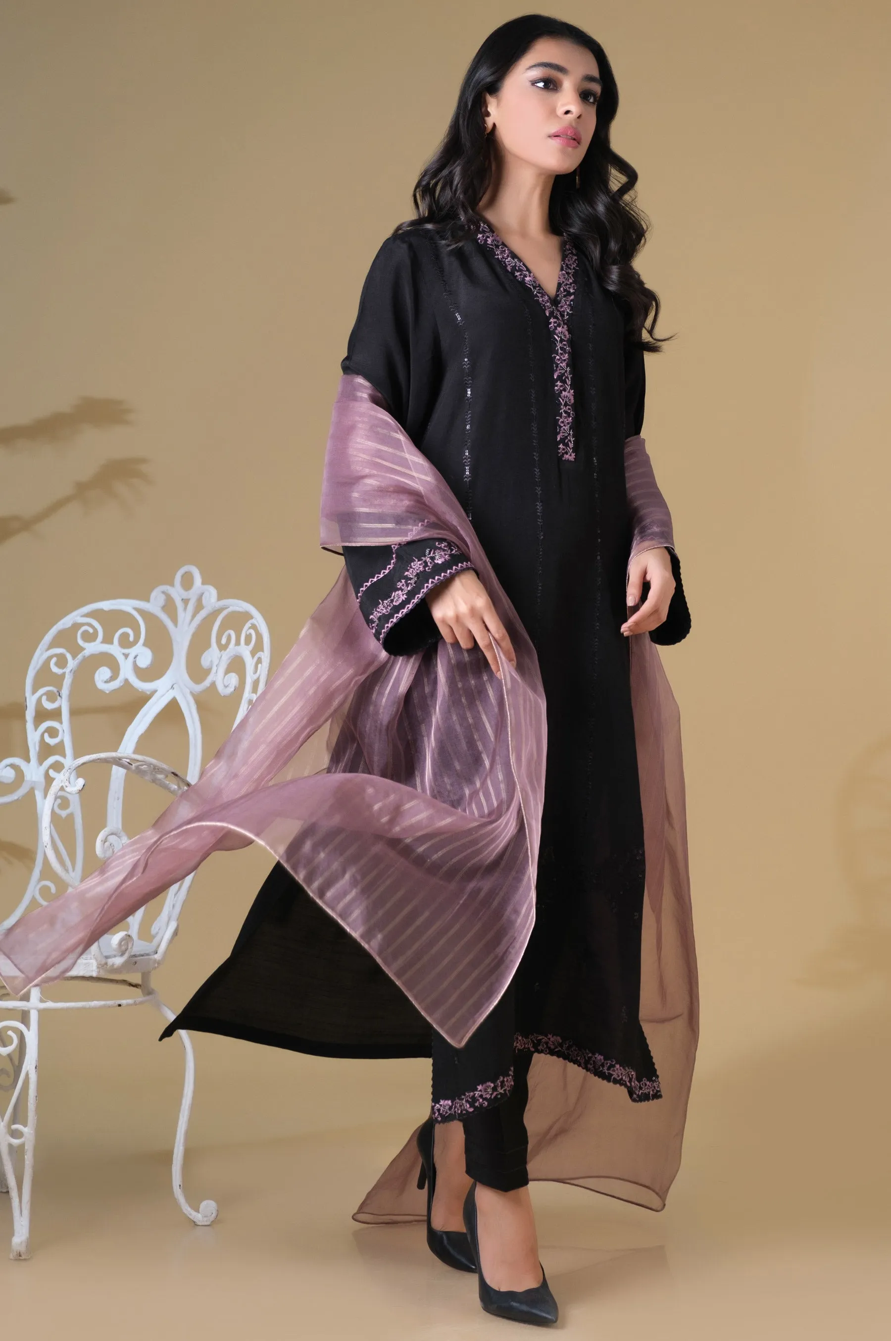 Stitched 3 Piece Raw Silk Embroidered Suit