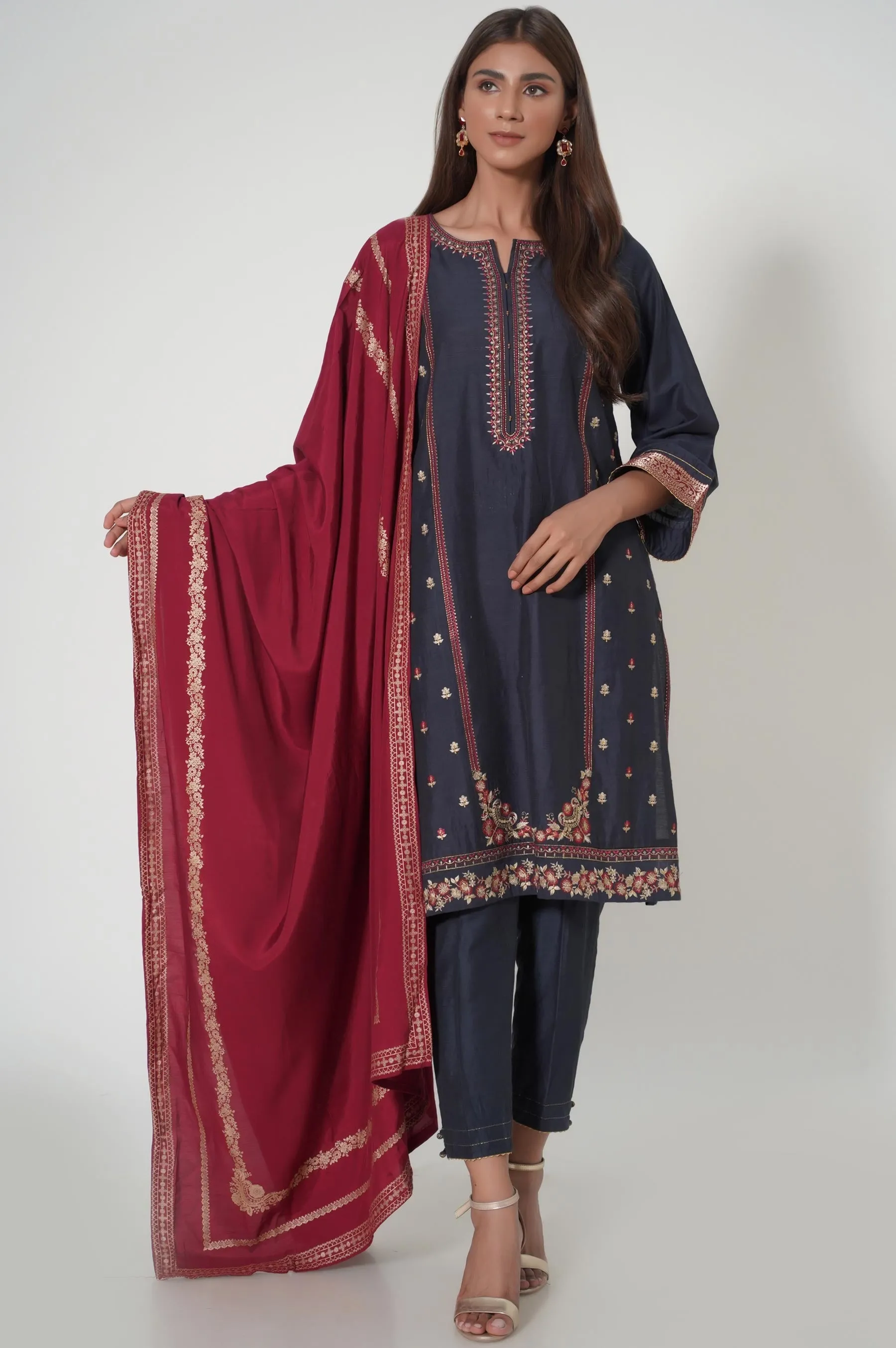 Stitched 3 Piece Raw Silk Embroidered Suit