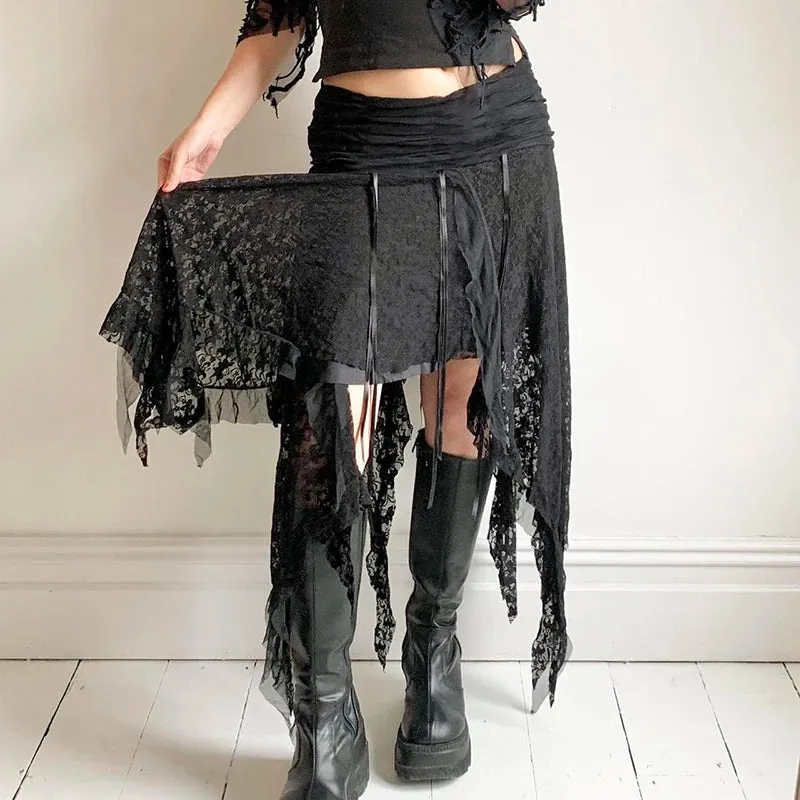 Streetwear Asymmetrical Slim Lace Skirt Female Folds Tie-Up Stitching Holidays Party Sexy Midi Skirt Fringe Clothing