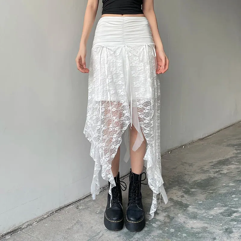 Streetwear Asymmetrical Slim Lace Skirt Female Folds Tie-Up Stitching Holidays Party Sexy Midi Skirt Fringe Clothing