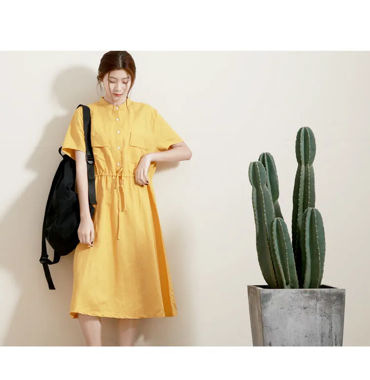 Summer Shirts Midi Dress Waist belt Women Linen Dresses With Chest Pocktes GU98405