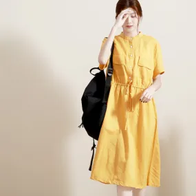 Summer Shirts Midi Dress Waist belt Women Linen Dresses With Chest Pocktes GU98405