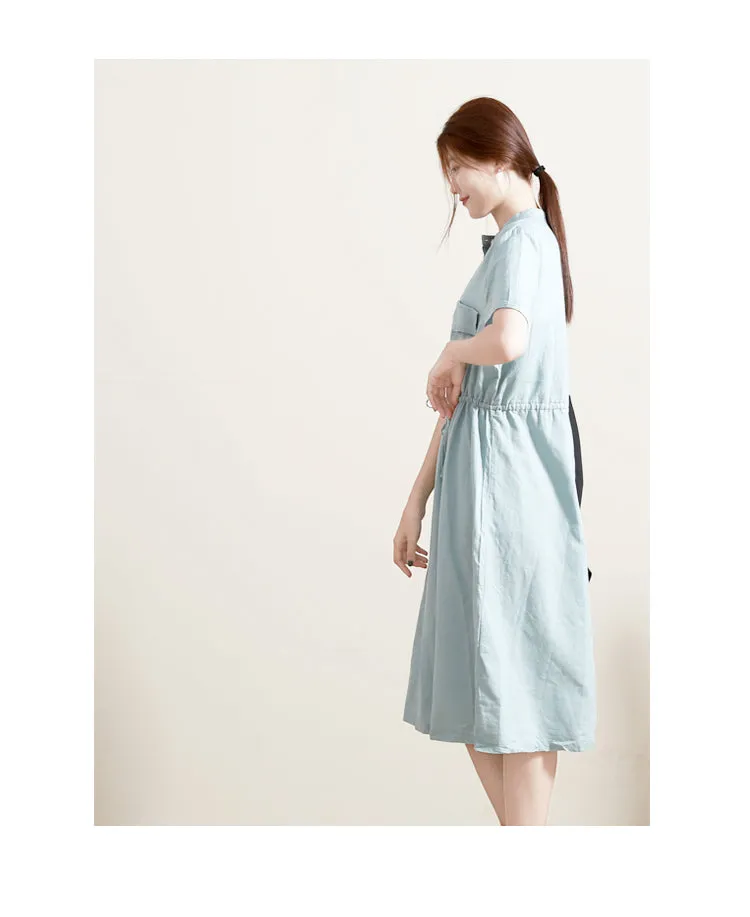 Summer Shirts Midi Dress Waist belt Women Linen Dresses With Chest Pocktes GU98405