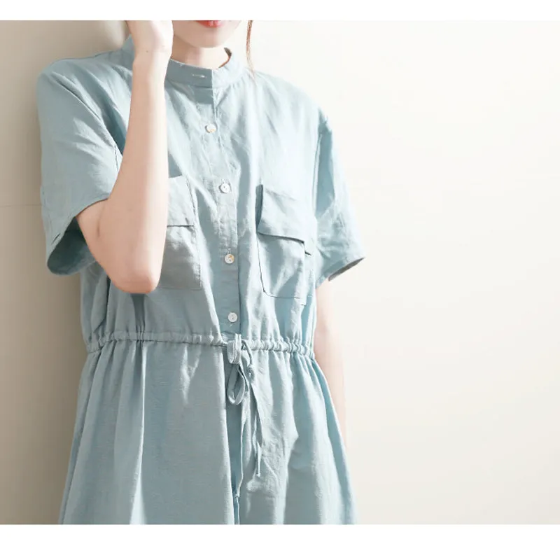 Summer Shirts Midi Dress Waist belt Women Linen Dresses With Chest Pocktes GU98405