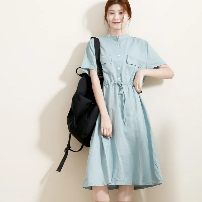 Summer Shirts Midi Dress Waist belt Women Linen Dresses With Chest Pocktes GU98405