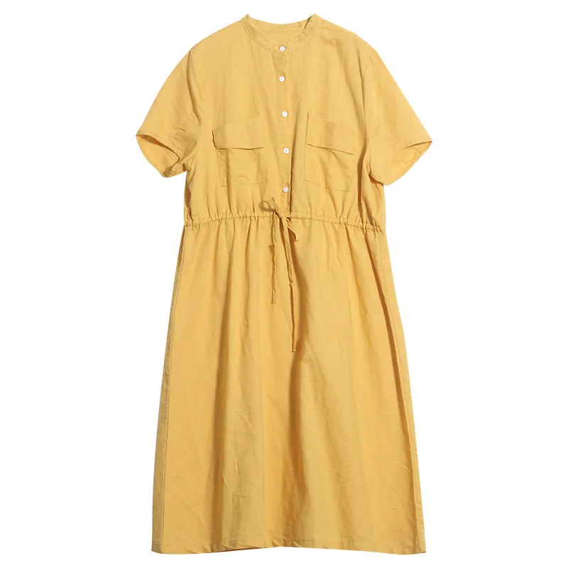 Summer Shirts Midi Dress Waist belt Women Linen Dresses With Chest Pocktes GU98405