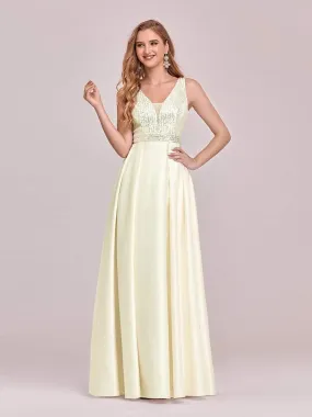 Sweet Double V Neck A-Line Satin Prom Dress with Sequin