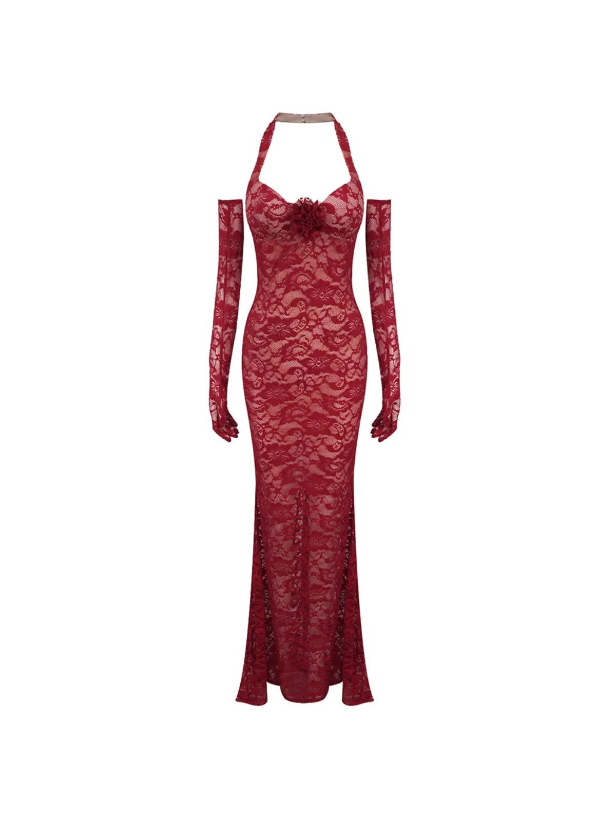 Toby Halterneck Floral Lace Maxi Dress With Gloves