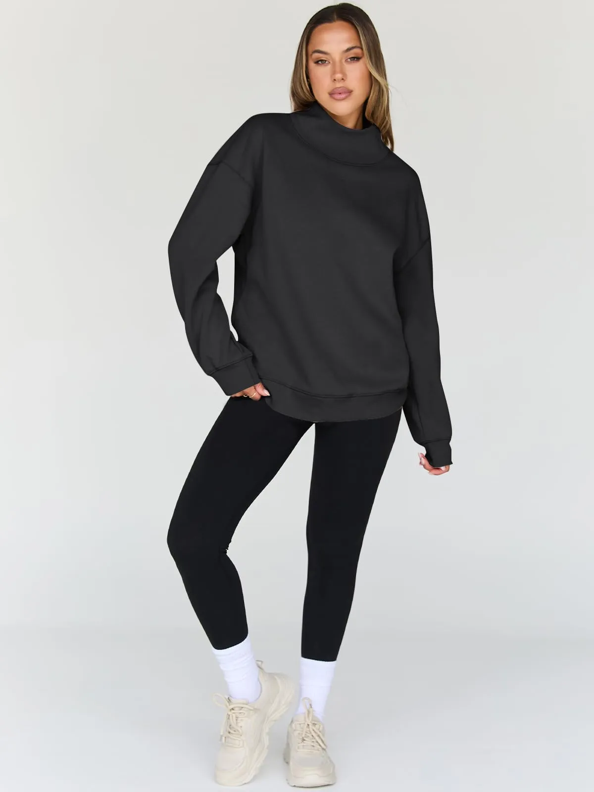 Trendy Queen Womens Oversized Sweatshirts Turtleneck Pullover Long Sleeve Hoodies Tops Fall Fashion Outfits 2024 Clothes Black XL